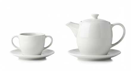 A white teapot and a cup are placed on saucers against a plain white background in a studio shot