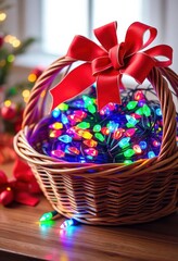 A woven basket overflowing with colorful Christmas lights, topped with a festive red bow, home decor, merry, basket