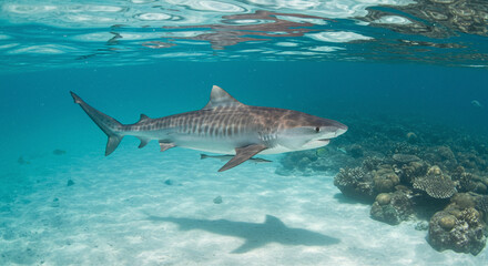 A Majestic Tiger Shark Glides Through Clear Turquoise Water Above a Sandy Seabed with Coral Reefs
