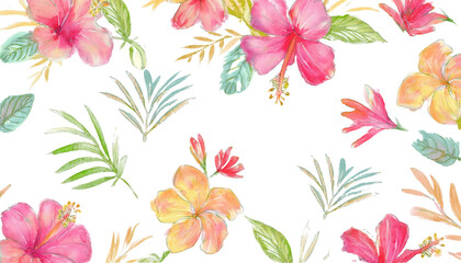 A Vector Frame Illustration of Abstract Hibiscus and Tropical Flowers Painted in Watercolor with Lush Greenery