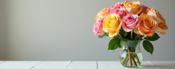 Fototapeta premium Full bloom pink and yellow rose arrangement in clear glass vase , flower arrangement, flower vase
