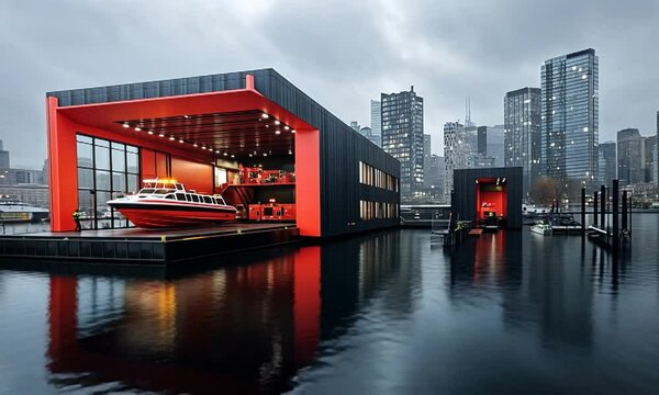 Modern fireboat station with vibrant red architecture and city skyline under cloudy skies