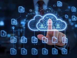 Fototapeta premium Cloud storage of document management system. Business database and backup technology. Businessman touching cloud computing icon on many file icons.