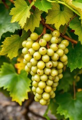 Fototapeta premium Luscious green grapes cluster on vine, surrounded by vibrant leaves, green, white background