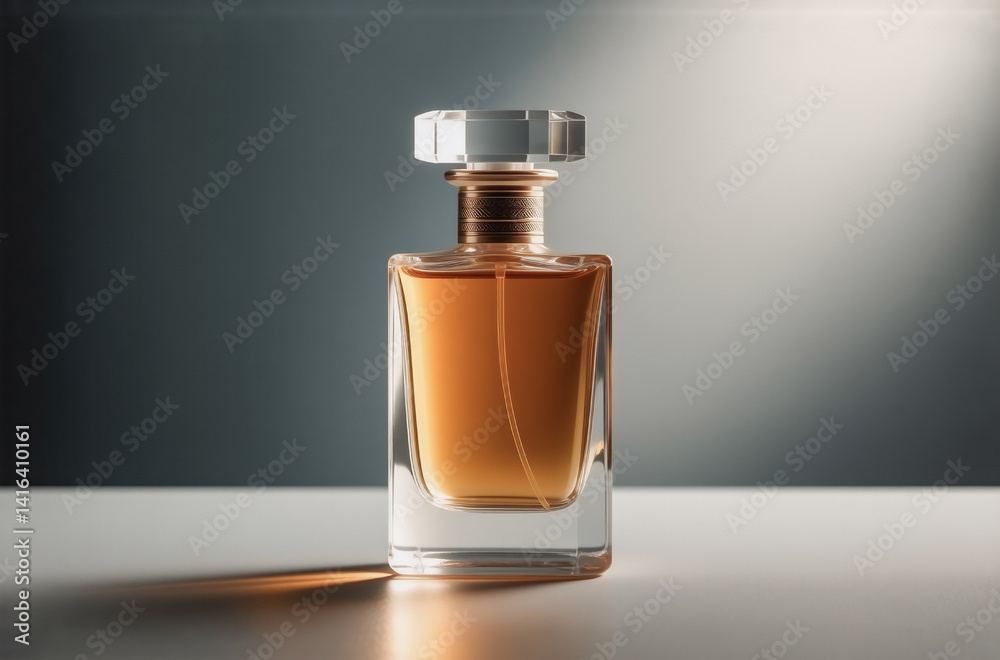 Poster a sophisticated amber-colored perfume in a clear glass bottle with a gold cap sits on a white surfac