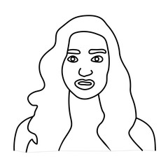 A vector illustration presents a beautiful woman's face with long, flowing hair in an elegant, stylized line drawing