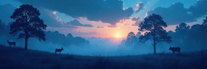 Fototapeta premium Misty forest at dusk with silhouetted trees and animals against a blue sky, forest, silhouette