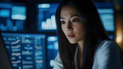 confidently analyzing data and making decisions with a focus on the laptop screen, her expression showing clarity and self-assurance 