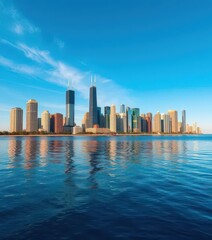 Fototapeta premium Stunning panoramic view of Chicago skyline reflected in Lake Michigan's tranquil waters, tourism, water
