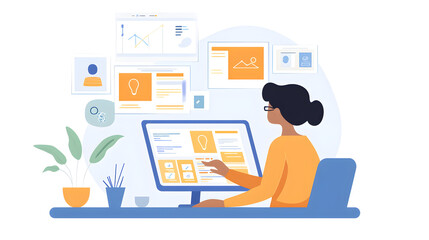 Obraz premium confidently choosing between multiple options displayed on a tablet, with decision-making tools and a calm workspace in the background 