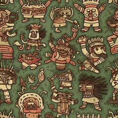 Fototapeta premium Seamless Pixel Art Pattern of Stylized Tribal Figures in Beige Brown and Green