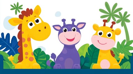 Fototapeta premium Charming cartoon giraffes illustration with pixel art style suitable for kids' book cover and background or baby shower invitation template
