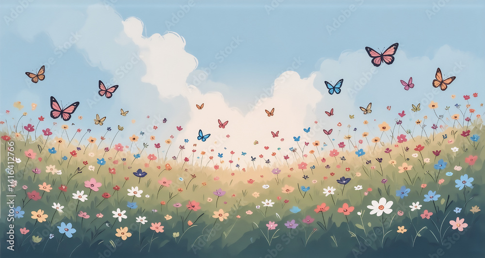 Poster the image depicts a vibrant meadow scene on a sunny day. colorful butterflies flutter amidst bloomin