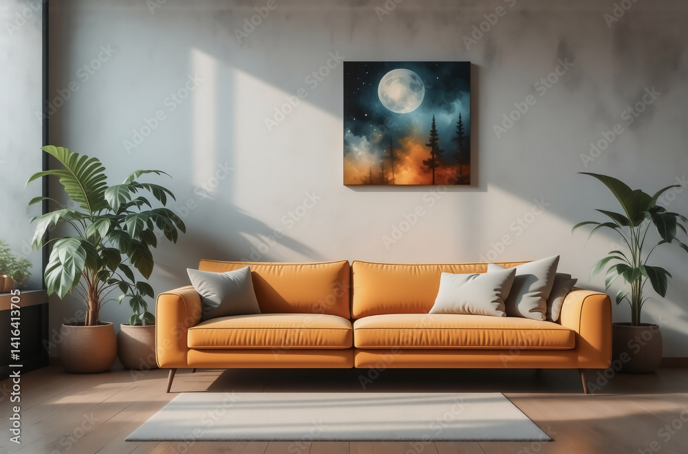 Poster a vibrant yellow sofa sits in a sunlit room, showcasing a captivating canvas. the artwork depicts a 