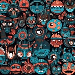 Naklejka premium Vibrant Blue And Red Pixel Art Masks Pattern Abstract Tribal Design