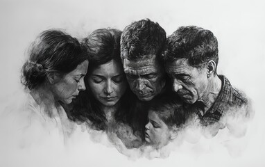 Charcoal rendering of a fading family embraced by concentric circles, symbolic of generational ties, memories, and times ripple effect