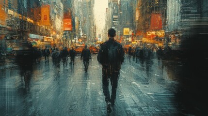 Obraz premium Urban Solitude: A Man Walking Through a Vivid Cityscape in Abstract Style
