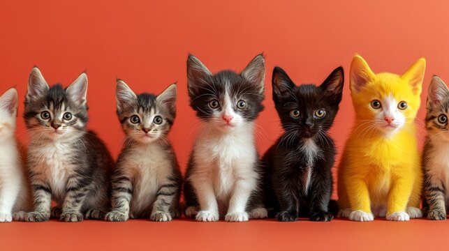 Charming lineup of adorable kittens posing against a bold orange backdrop showcasing playful personalities and irresistible cuteness perfect for heartwarming themes