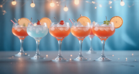 Here's a description based on the image and keywords:

A collection of colorful, refreshing alcoholic beverages are showcased. Garnished with fruit and fresh herbs, they're lit by overhead lights and 