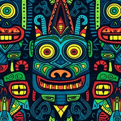 Vibrant Pixel Art Tribal Mask with Geometric Patterns and Bold Colors