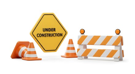 Under construction sign with a 3d orange traffic cone and barrier symbolizes a work in progress at the site, a concept indicating danger and warning on the street