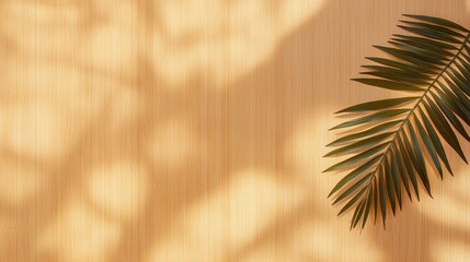 Obraz premium A close-up of a palm leaf casting shadows on a textured golden background, creating a serene and natural atmosphere.