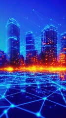 Fototapeta premium A futuristic city skyline illuminated with vibrant blue and orange lights, showcasing a network of connections and digital elements.