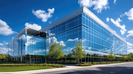 Modern glass office building under a partly cloudy sky.  Exterior view of a contemporary commercial building with reflective glass facade, landscaped grounds, and parking areas.