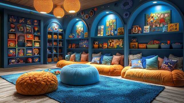 Playful, kid-friendly space with cozy seating