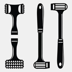 black vector icons of meat mallets in different positions for kitchen and food prep design