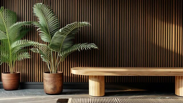 Minimalist interior scene with bench, plant, and wood panel wall