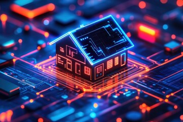 Futuristic Smart Home Concept with Neon Lights and Digital Circuit Background