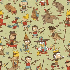 Fototapeta premium Whimsical Cartoon Children Seamless Pattern, Vintage Style Illustrations, Light Green Background