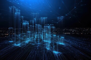 A futuristic city skyline illuminated by blue light, showcasing a digital landscape with abstract architectural structures.