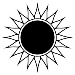 Vector silhouette of a sun with a bold central circle and abstract rays extending outward 