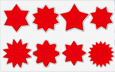 Vector sticker sheet of red star-shaped labels on white background with simple flat design and clipart style
