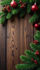 Decorated wooden table with Christmas tree branches and ornaments, , Seasonal style