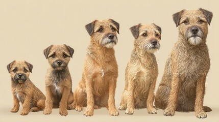 Five Border Terriers of Varying Ages and Sizes Displaying Growth from Puppyhood to Adulthood Against a Light Beige Background in a Row