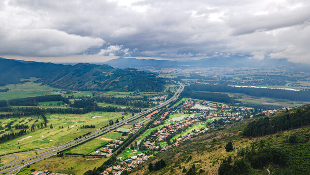Aerial view of lush landscapes near Jaime Duque Park showcasing beautiful nature and urban areas