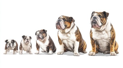 Fototapeta premium Five English Bulldogs of Different Ages and Sizes Sitting in a Row Against a White Background Illustrating Their Development from Puppyhood to Adulthood
