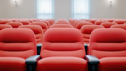 Obraz premium Rows of red auditorium seats bright interior design comfortable waiting area