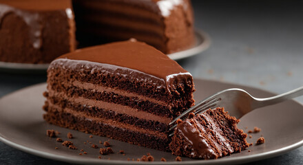 Close-up of chocolate cake slice with glossy ganache and fork
