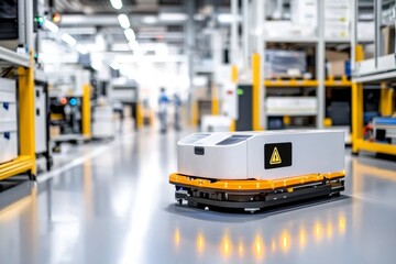 automated warehouse organization, high-tech sorting system with robots and neatly arranged products, neutral background,