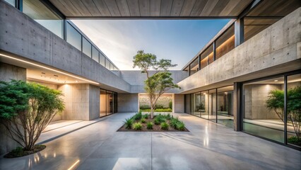 Obraz premium Serene Modern Courtyard A Minimalist Concrete Structure Encompassing Lush Greenery and Natural Light