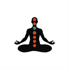 Modern flat design vector illustration. A person's flat silhouette in lotus pose, vertical chakra symbols, moon phases, stars, cosmic swirl. Warm terracotta and cool teal, volumetric lighting,