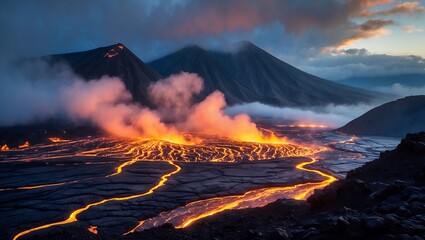 Volcano eruption with lava and smoke over landscape