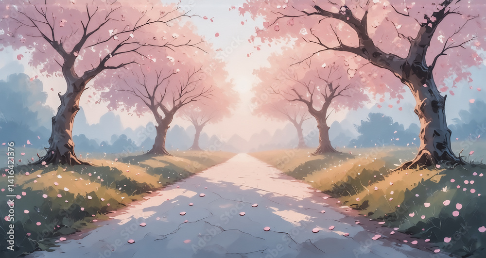 Poster here's a description and keywords based on the image: a serene path, flanked by blooming trees, lead