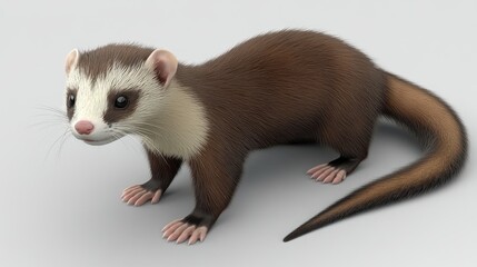 A brown and white ferret standing on a neutral white background