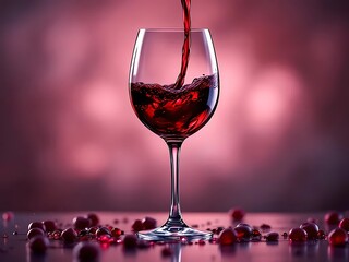 Naklejka premium Close-up of red wine pouring into a glass with soft lighting and rich tones. Perfect for culinary, luxury, or lifestyle visuals