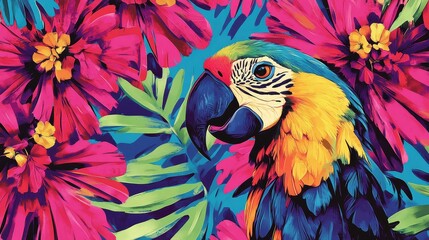 Obraz premium A vibrant explosion of tropical nature featuring a stunning macaw parrot amidst a lively tapestry of pink blossoms and lush verdant foliage art